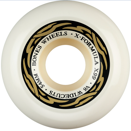 White skateboard wheel with black and gold text on a white background