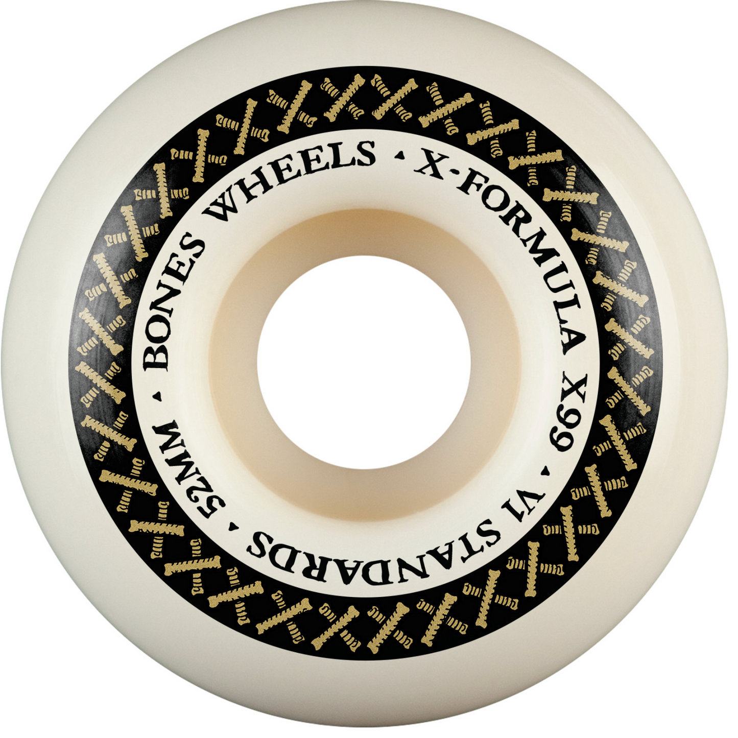 White skateboard wheel with black text and gold accents on a white background