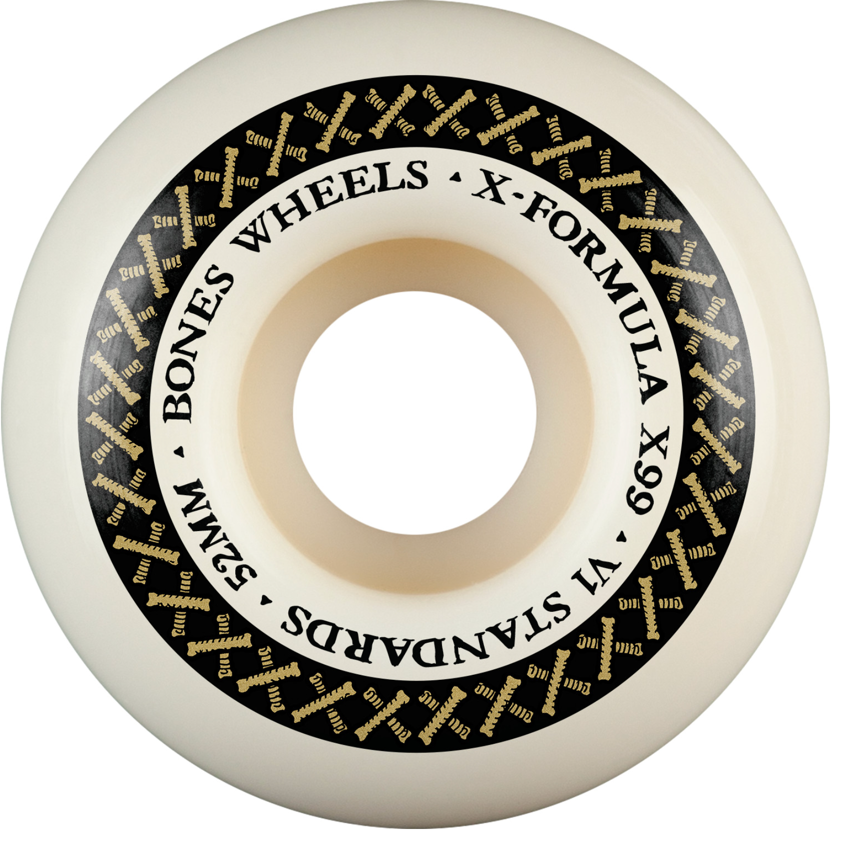 White skateboard wheel with black text and gold accents on a white background