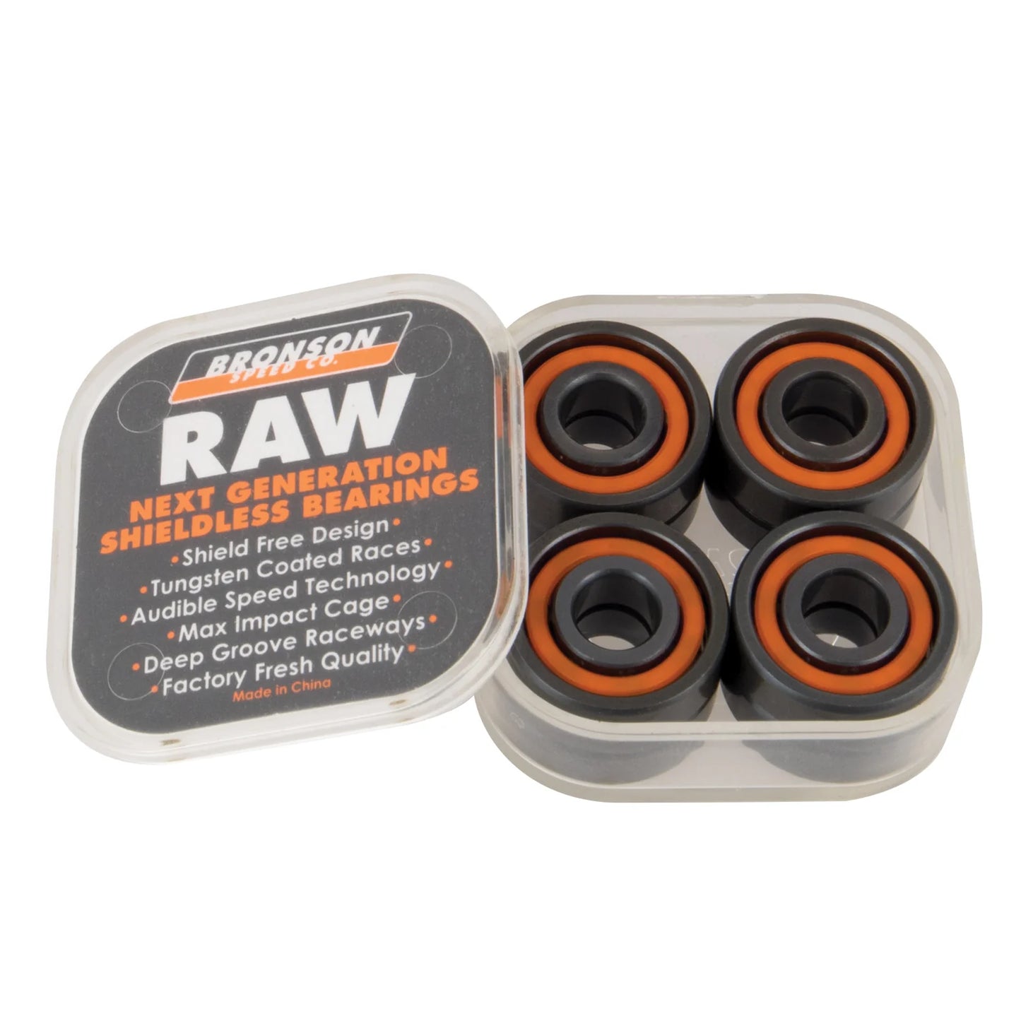 Bronson Raw bearings in a clear container on a white background