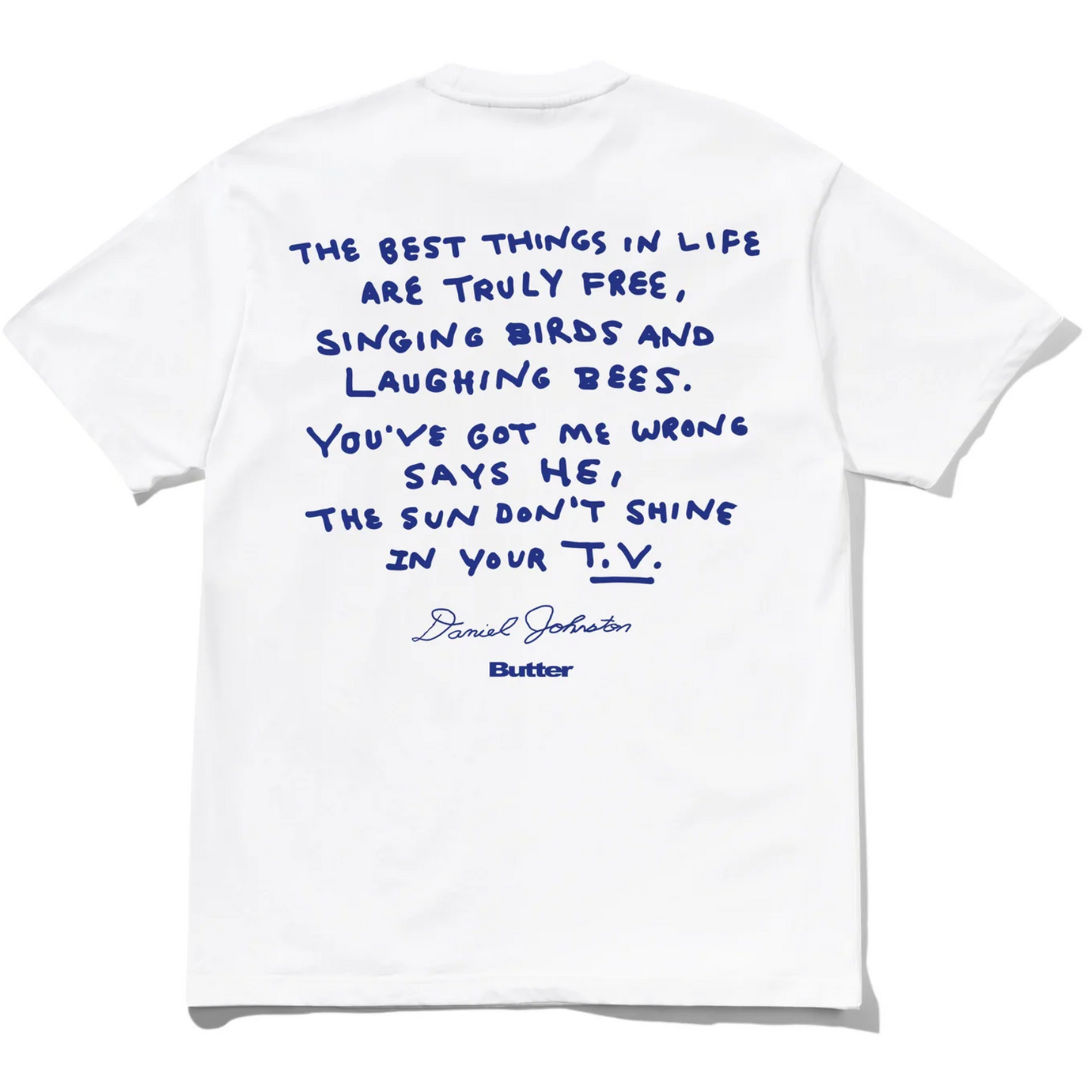 White t-shirt with blue text and signature on a white background