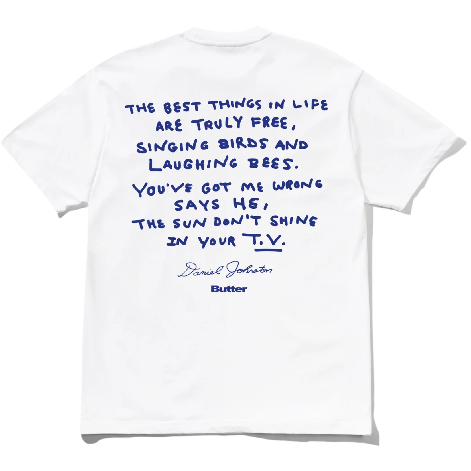 White t-shirt with blue text and signature on a white background