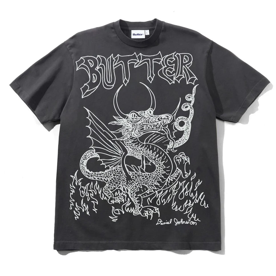 Black t-shirt with white dragon design and 'Butter' branding on a white background
