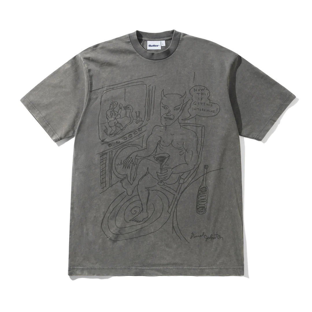 Gray t-shirt with graphic design on a white background