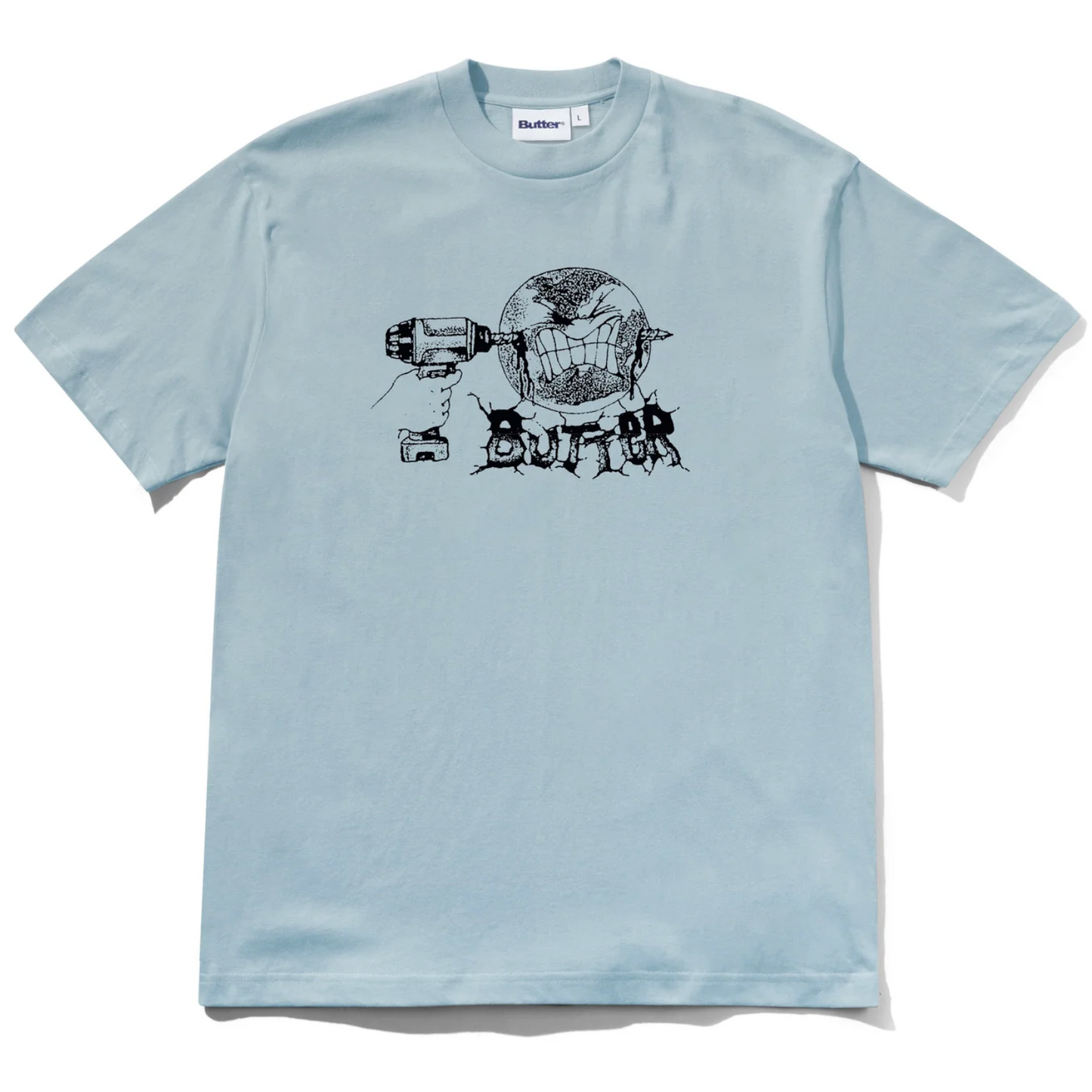 Light blue t-shirt with black graphic design on a white background