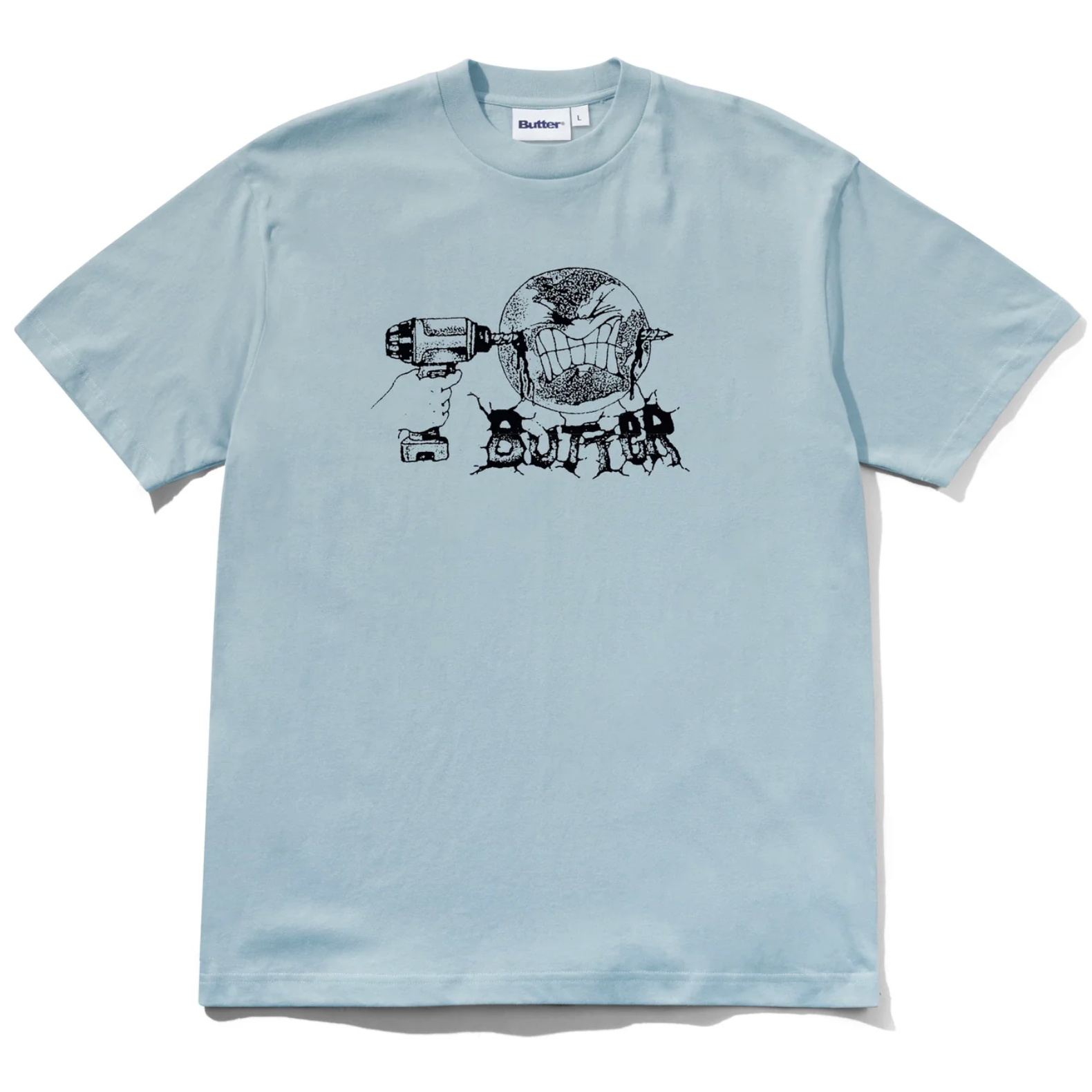 Light blue t-shirt with black graphic design on a white background