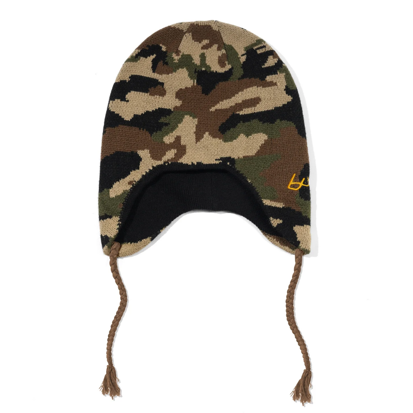 Camouflage knit hat with earflaps on a white background
