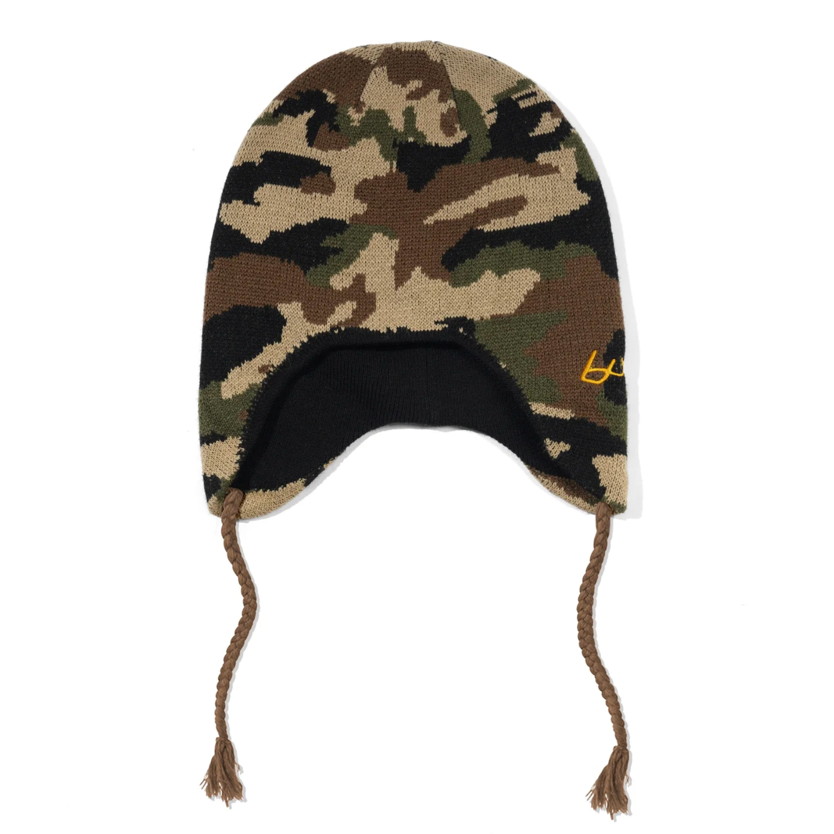 Camouflage knit hat with earflaps on a white background