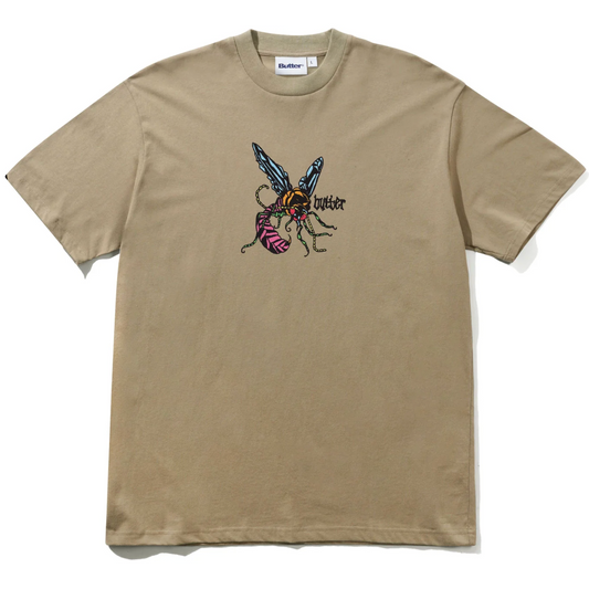 Brown tee with wasp graphic on white background