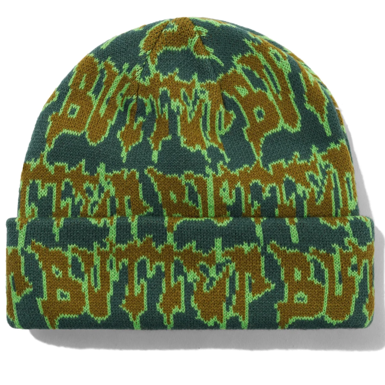Camouflage-patterned beanie with 'BUTT' text on a white background