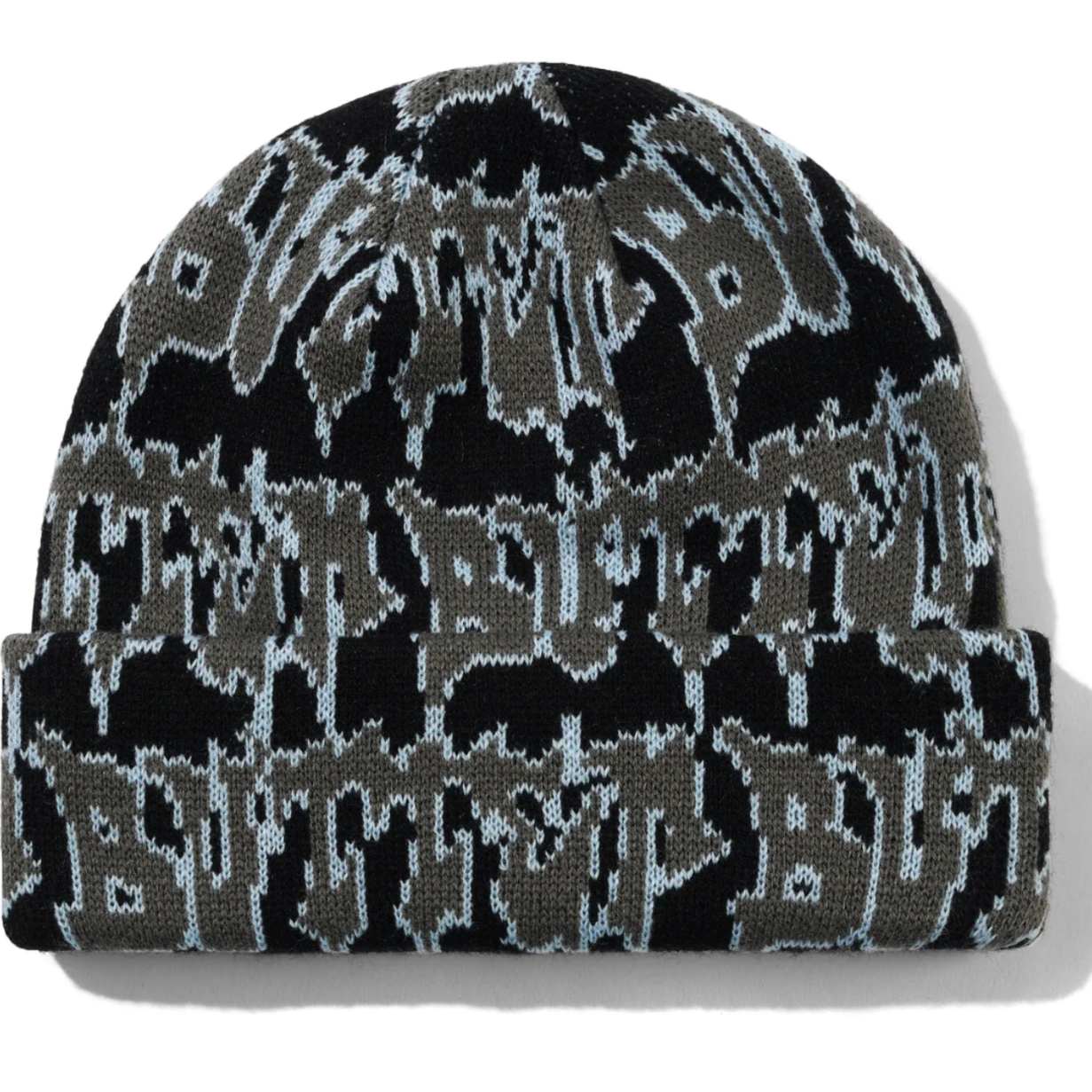 Black and gray patterned beanie on a white background