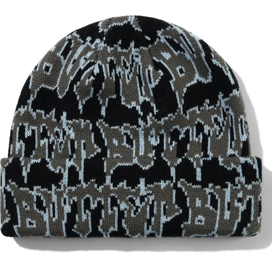 Black and gray patterned beanie on a white background