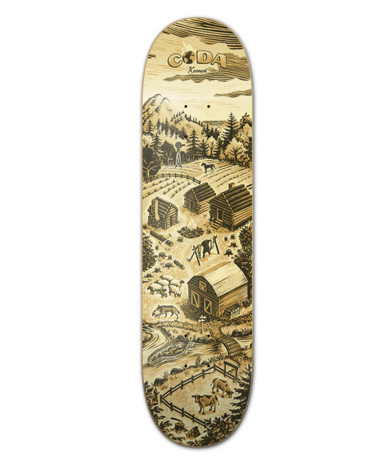 Skateboard deck with rustic landscape design on a white background