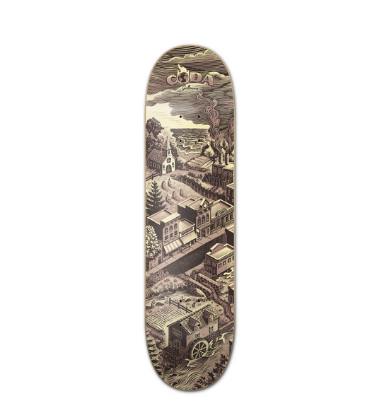 Skateboard deck with vintage-style cityscape design on a white background