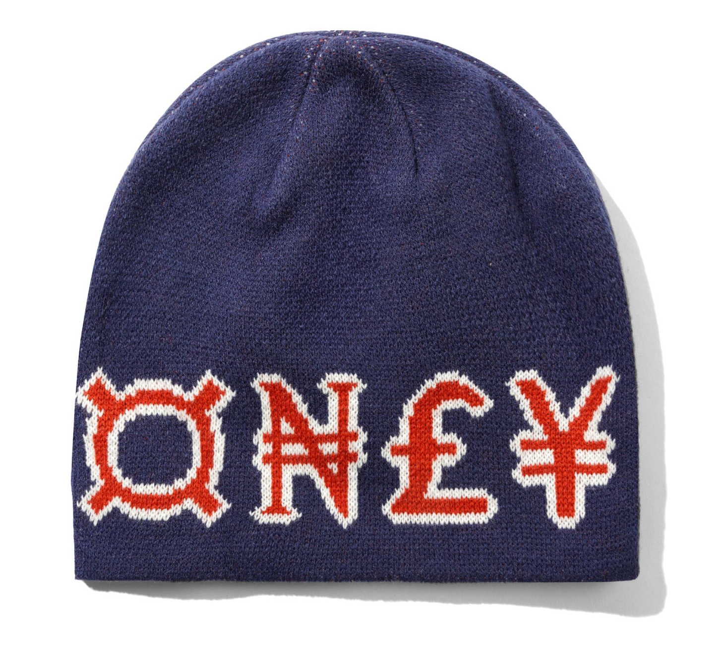 Navy blue beanie with currency symbol designs on a white background