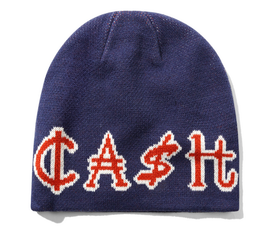 Navy blue beanie with red and white text on a white background