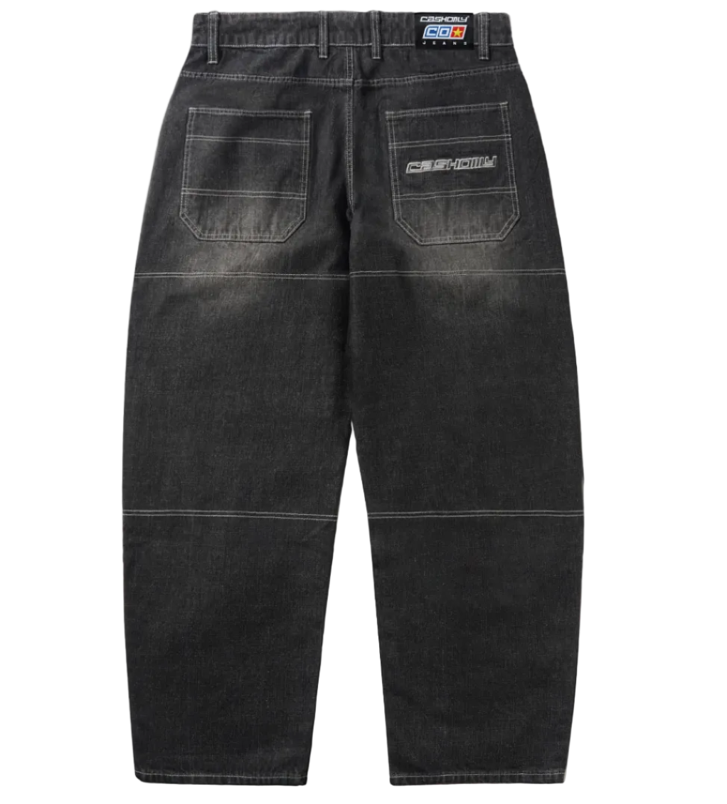 Black denim pants with brand logos on a white background