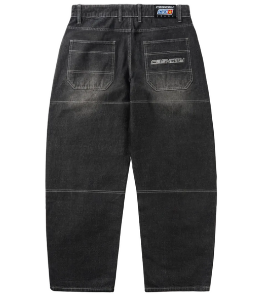 Black denim pants with brand logos on a white background