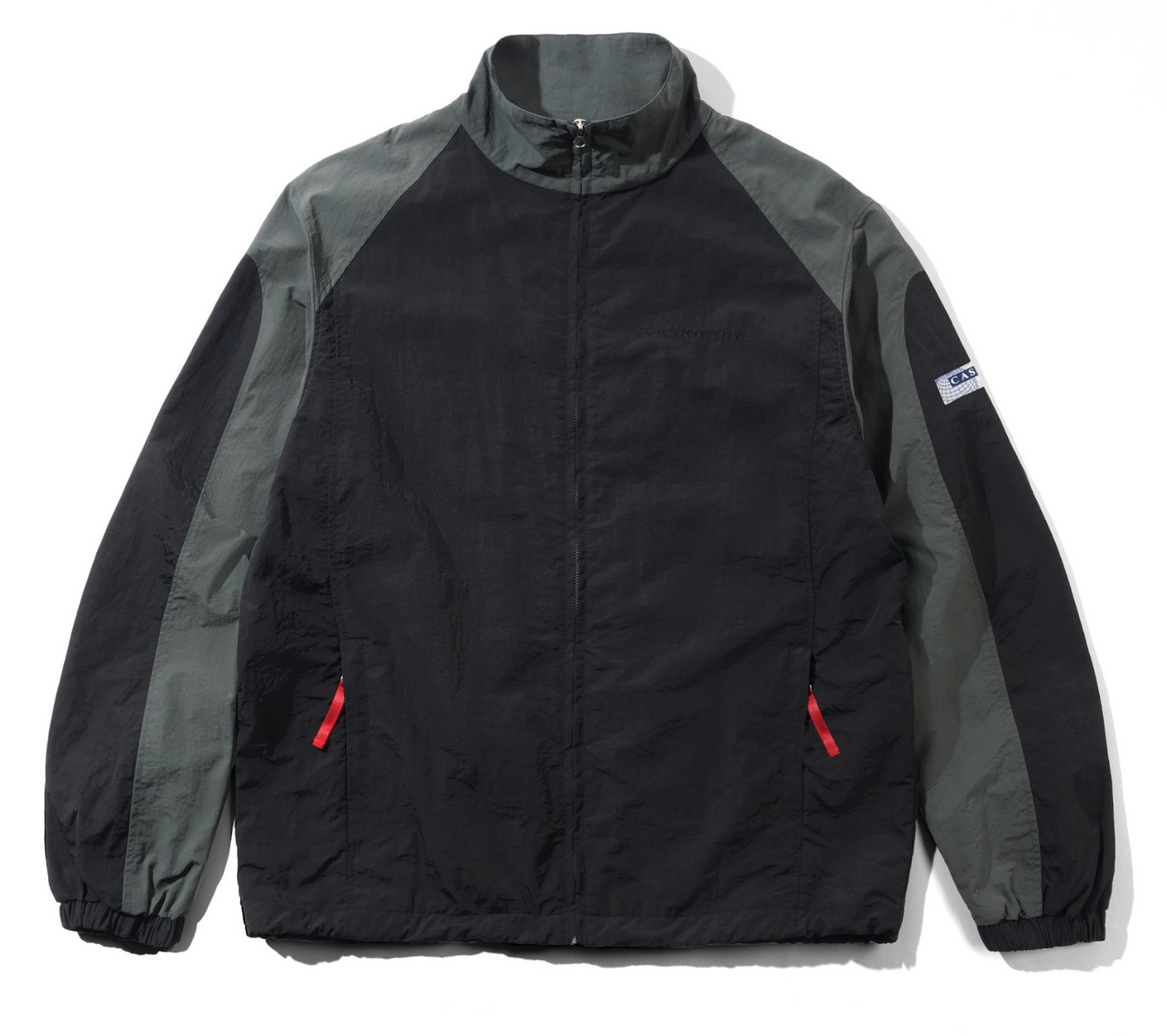 Black and gray jacket with a brand logo on a white background