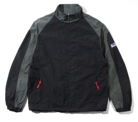 Black and gray jacket with a brand logo on a white background