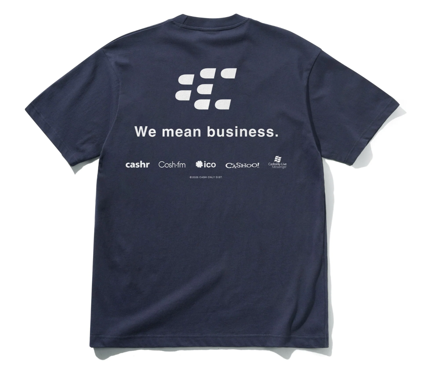 Navy blue t-shirt with white text and logos on the back