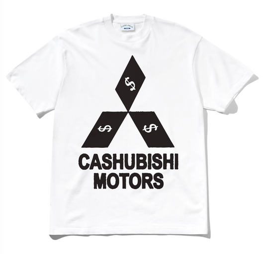 White t-shirt with black logo and text 'CASHUBISHI MOTORS' on a white background