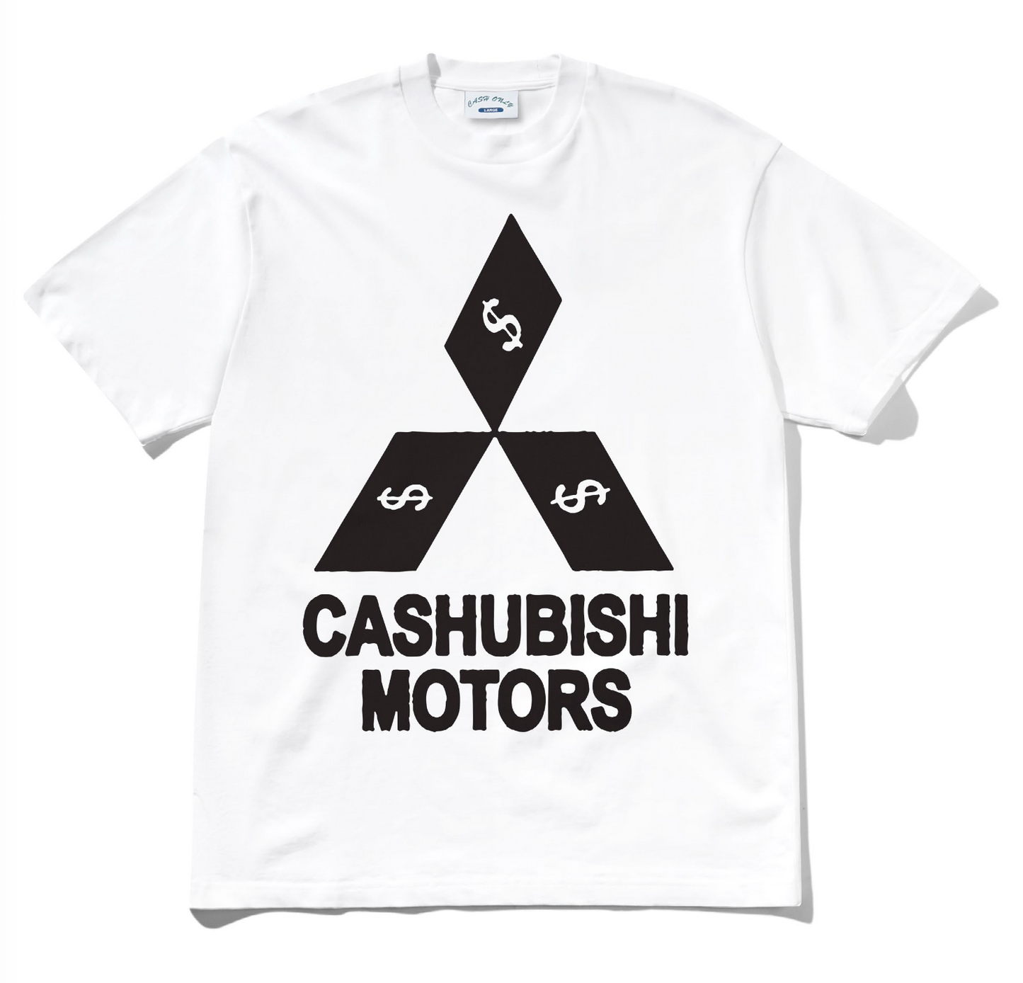 White t-shirt with black logo and text 'CASHUBISHI MOTORS' on a white background
