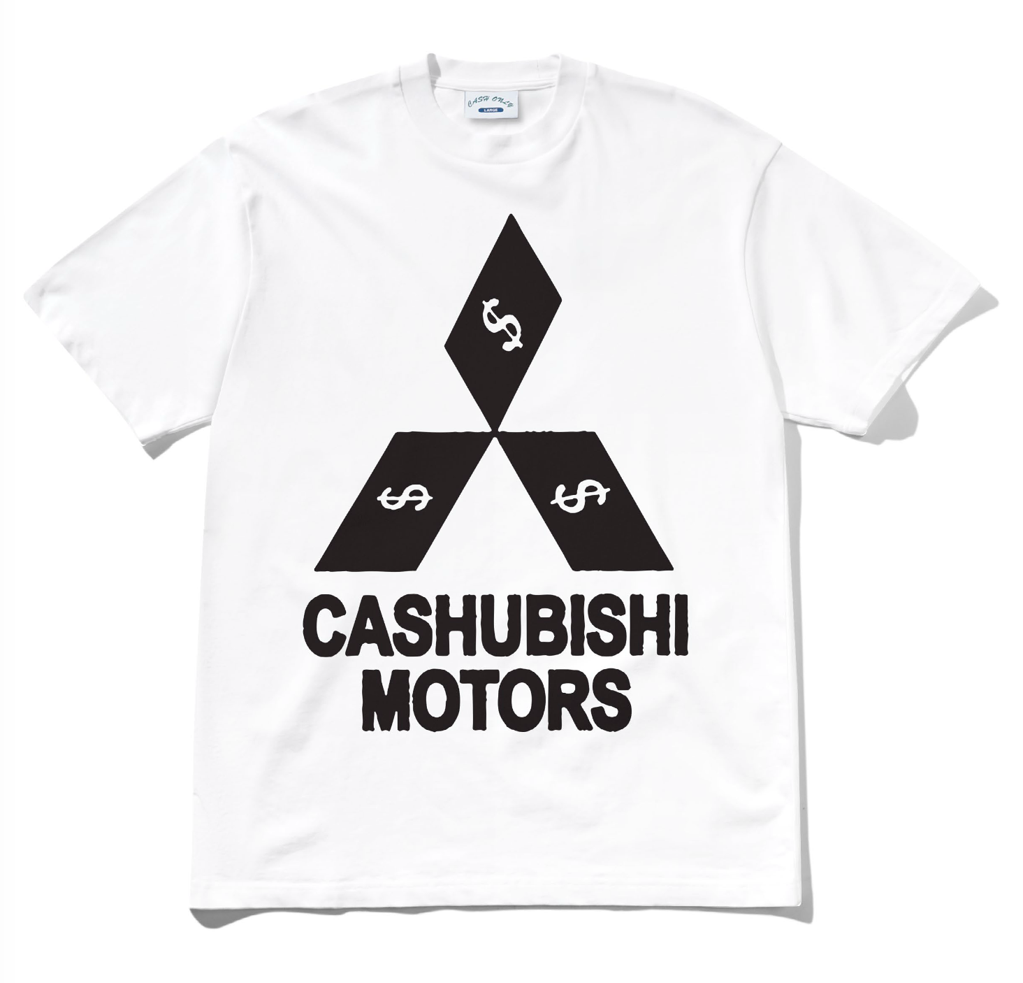 White t-shirt with black logo and text 'CASHUBISHI MOTORS' on a white background