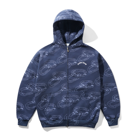 Navy blue hoodie with white pattern on a white background