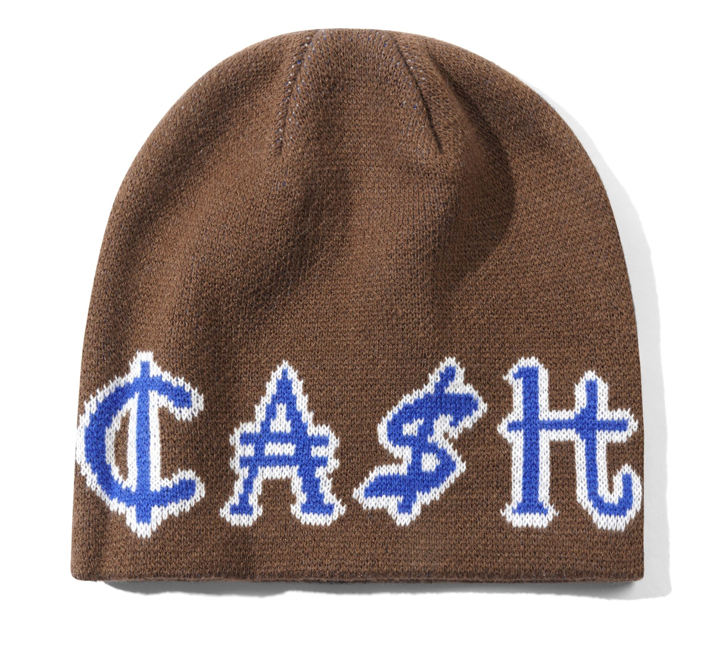 Brown beanie with blue and white text on a white background