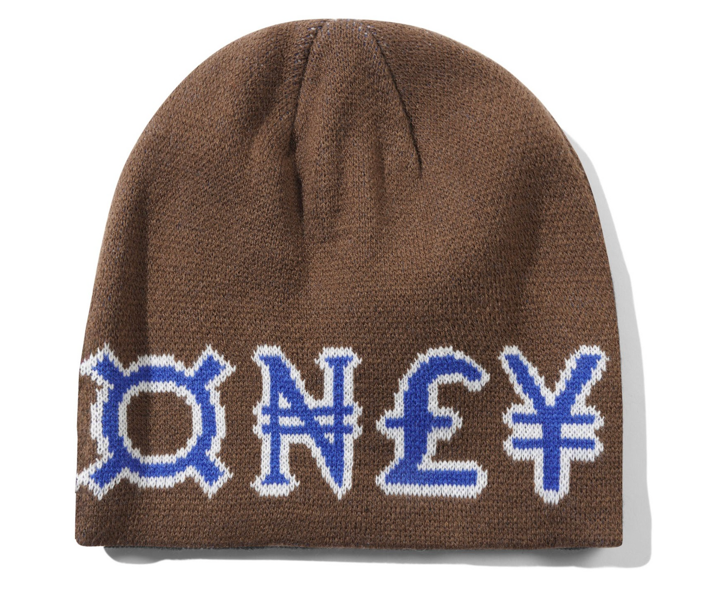 Brown beanie with blue and white currency symbol text on a white background