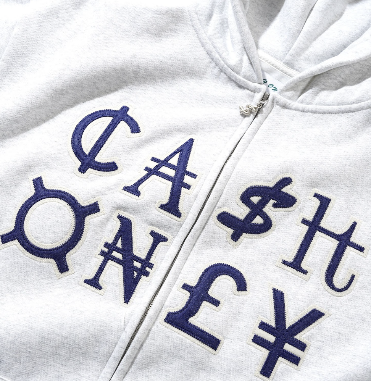 White hoodie with blue symbols and text on a white background