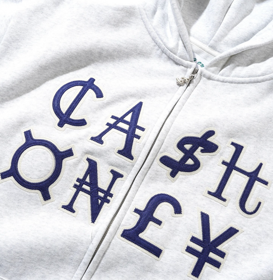 White hoodie with blue symbols and text on a white background