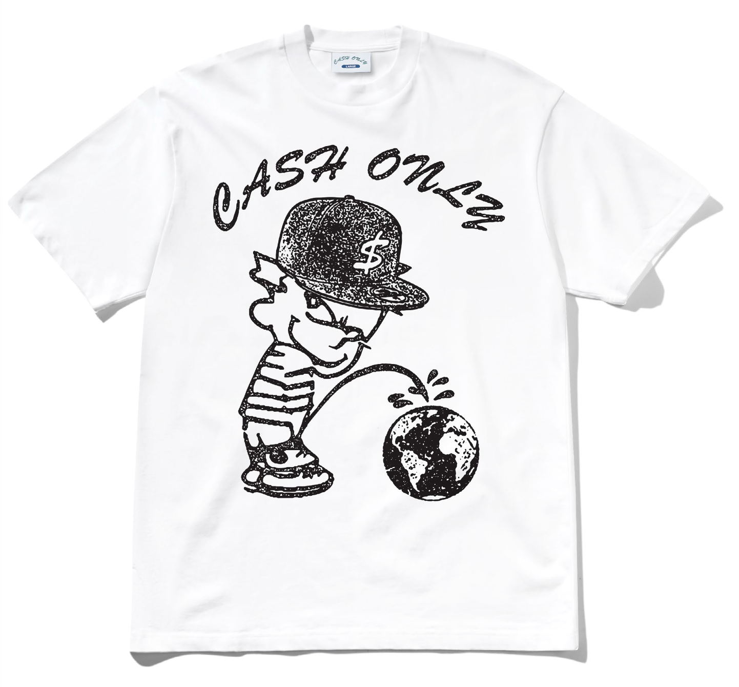 White t-shirt with black graphic design and 'Cash Only' text on a white background