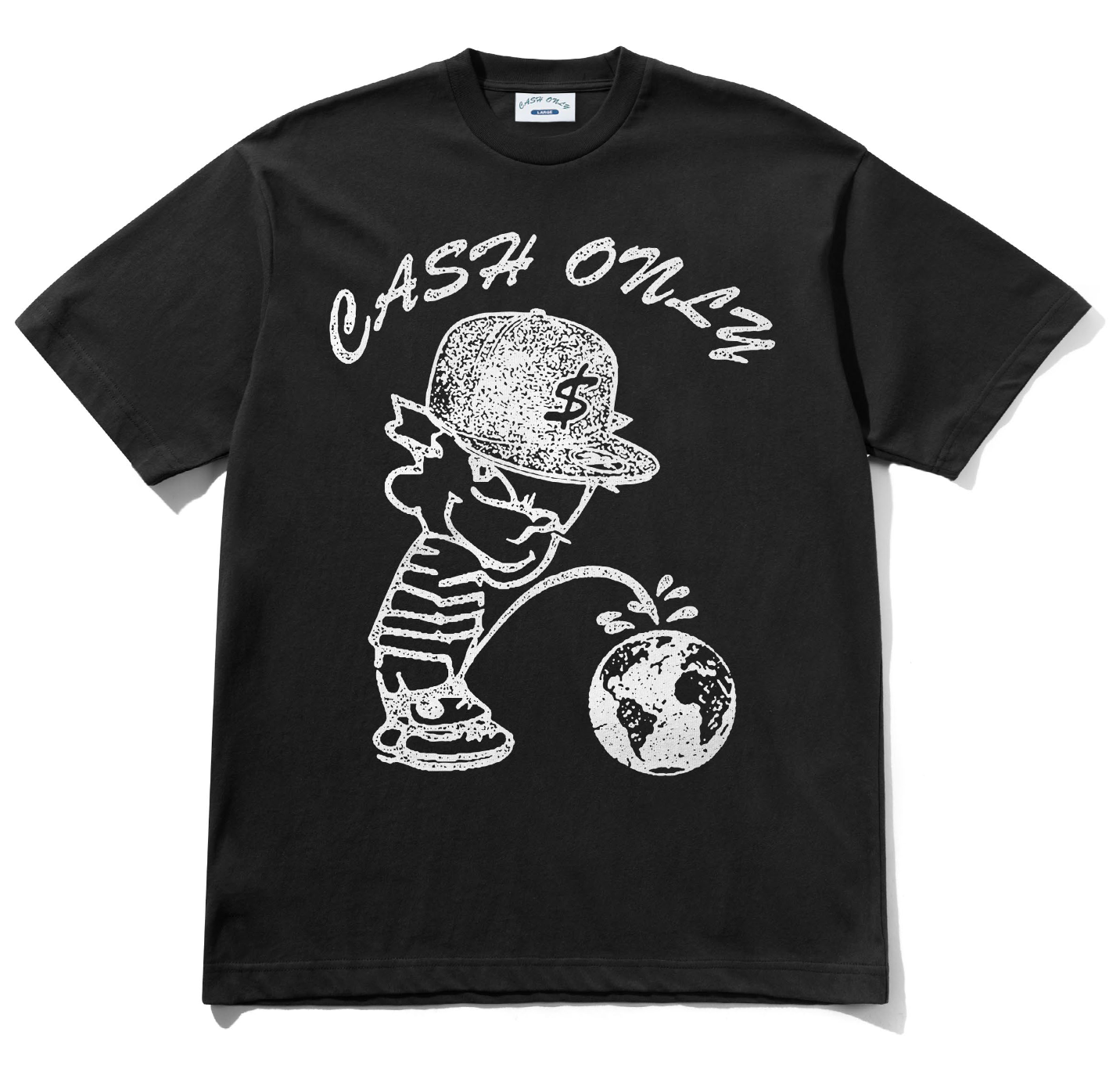 Black t-shirt with white graphic design and text 'CASH ONLY' on a white background