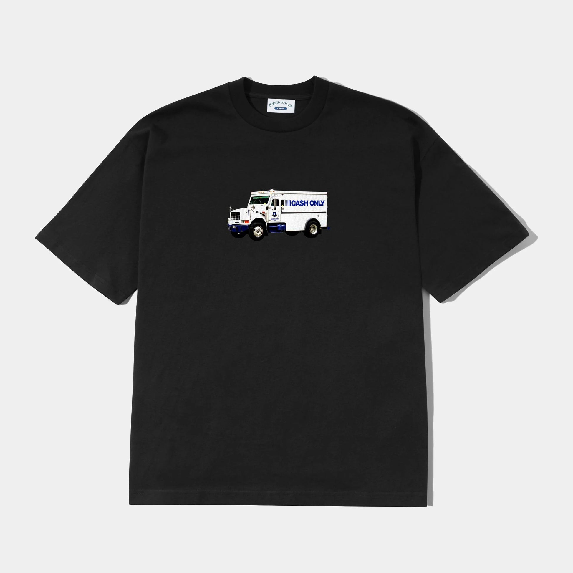 Black t-shirt with a truck graphic on a white background