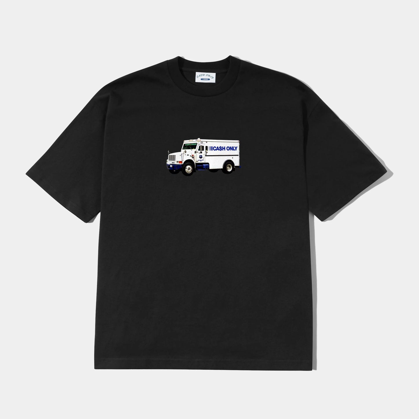 Black t-shirt with a truck graphic on a white background