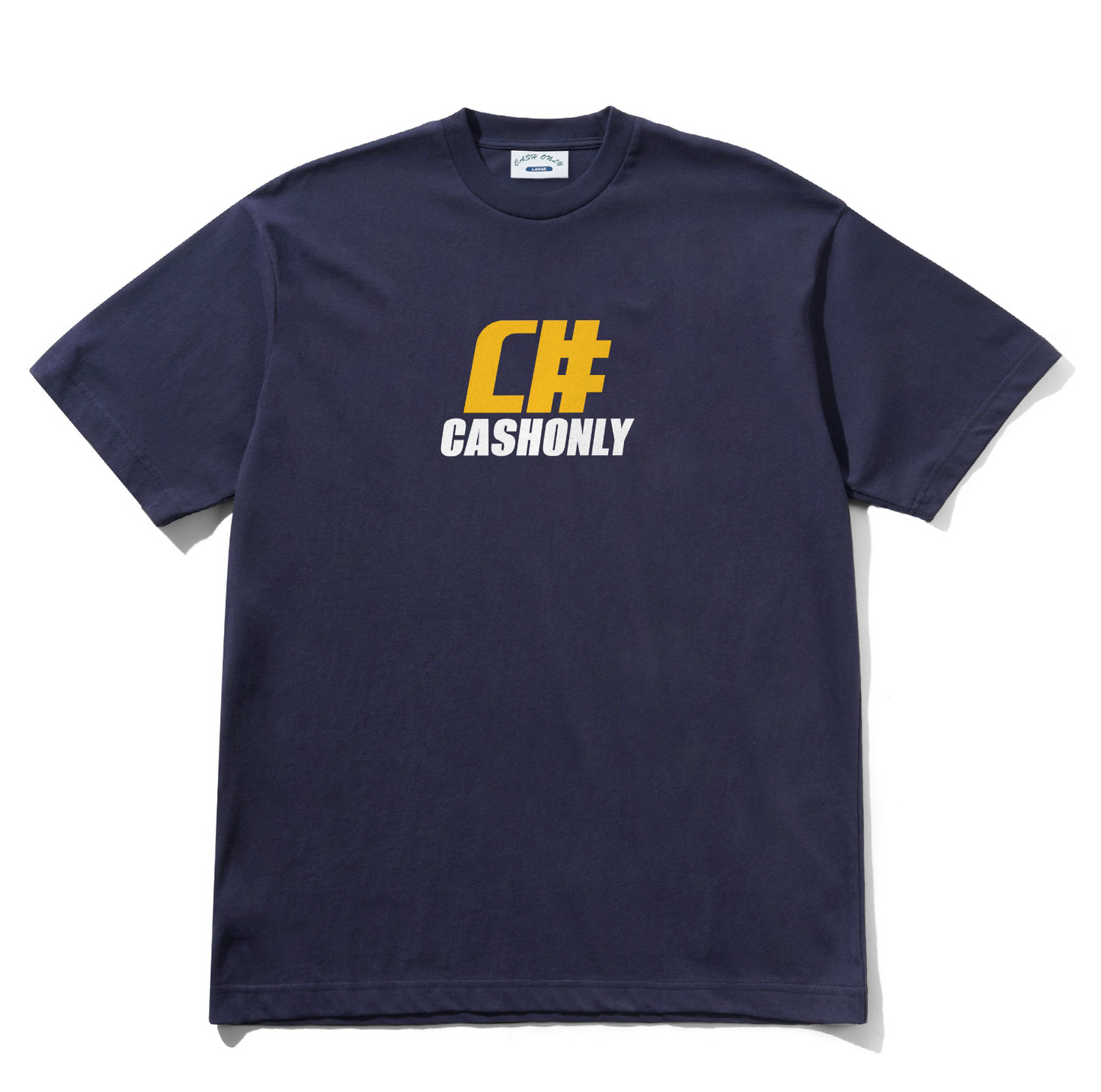 Navy blue t-shirt with 'CASHONLY' logo featuring a dollar sign on a white background