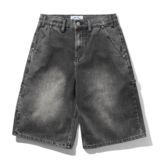 Black denim shorts on a white background