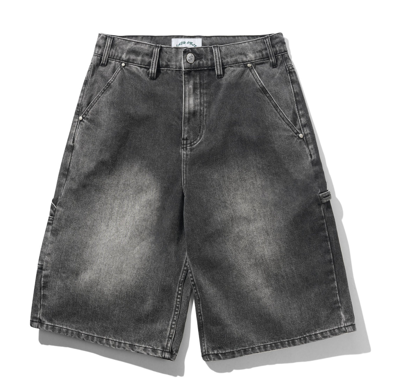 Black denim shorts on a white background