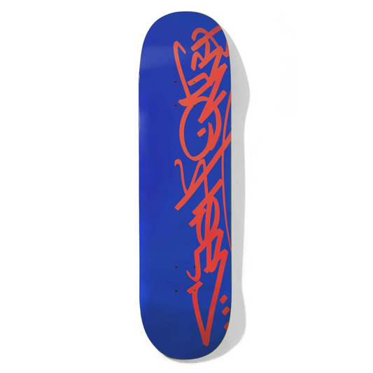 Blue skateboard deck with red graphics on a white background