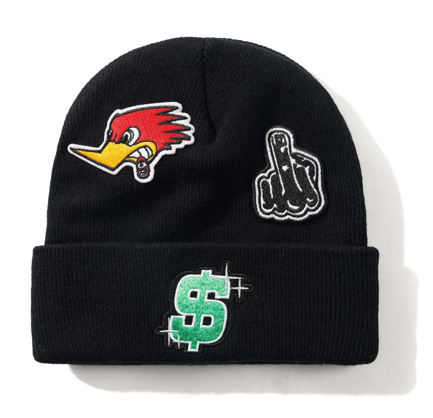 Black beanie with cartoon character, dollar sign, and middle finger design on a white background