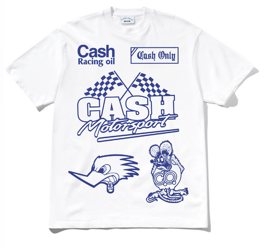 White t-shirt with blue graphics and text on a white background