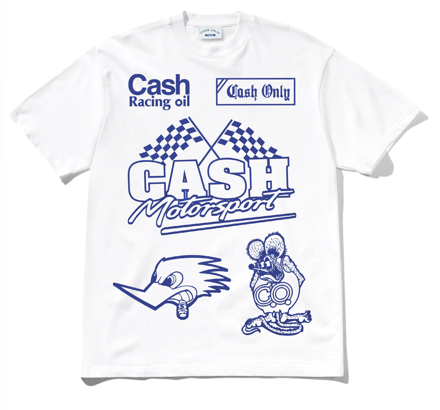 White t-shirt with blue graphics and text on a white background