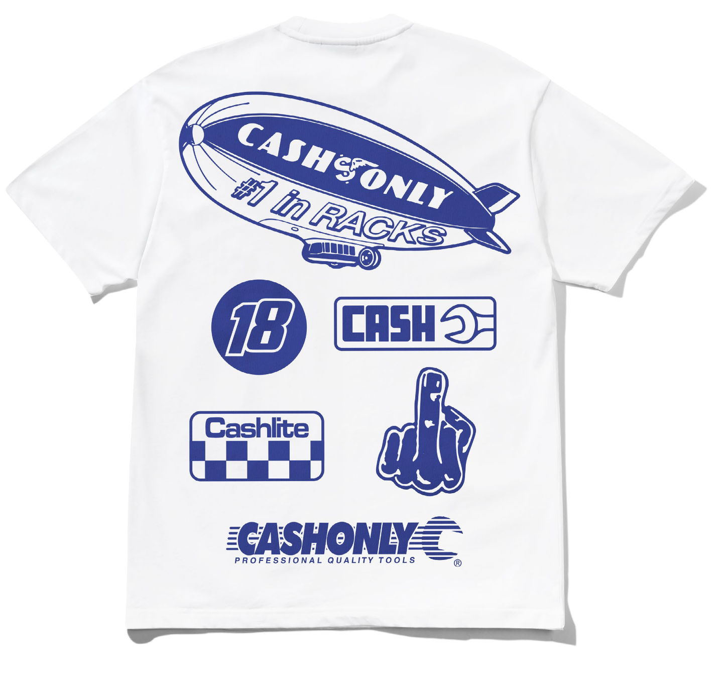 White t-shirt with blue graphics and text on a white background