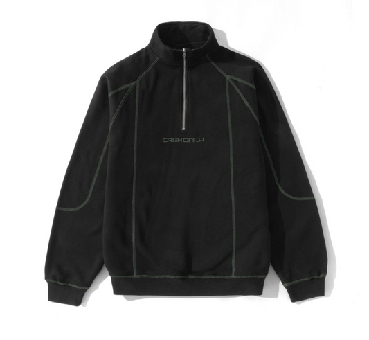 Black fleece pullover with a brand logo on a white background