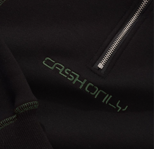Black jacket with 'Cash Only' text embroidered on the chest.