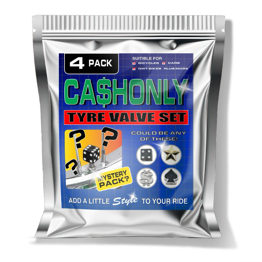 Packaged 'Cashonly' tyre valve set with colorful label on a white background