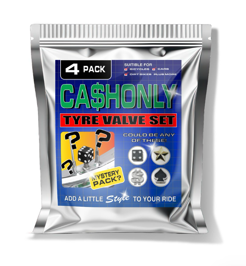 Packaged 'Cashonly' tyre valve set with colorful label on a white background