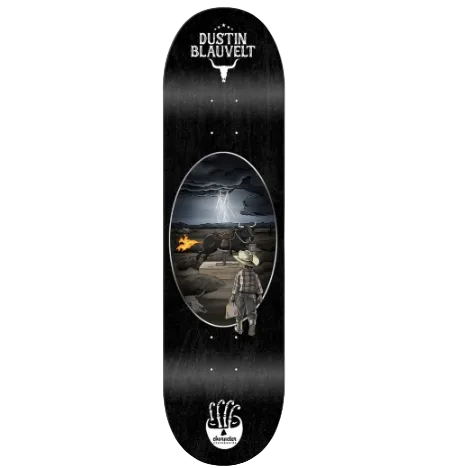 A skateboard deck shown from the underside, featuring a black background with a large oval graphic in the center depicting a cowboy, a steer, lightning, and a fire. The top of the deck is printed with 'DUSTIN BLAUVELT' and a white steer logo, and a white hand logo with 'dustin' is printed near the bottom.